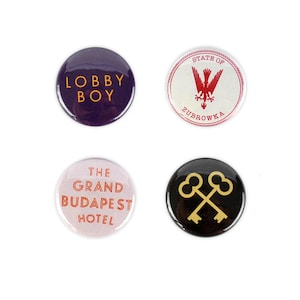 The Grand Budapest Hotel Buttons ! Wes Anderson Inspired. State of Zubrowka , Lobby Boy, Crossed Keys, badges
