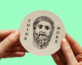 Plato Think More Circular Sticker, philosopher, Socrates, Aristotle, Academy in Athens, Greek,  Western philosophy, gold, advice