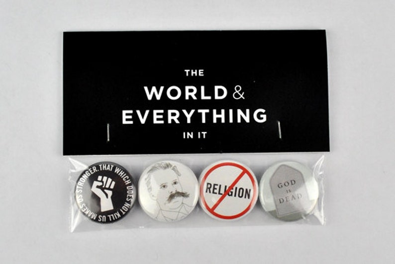 Friedrich Nietzsche Badges, buttons, philosopher, god is dead, Übermensch, existentialism, postmodernism, image 2