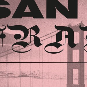 Puede incluir: Un dise&ntilde;o gr&aacute;fico en blanco y negro con el texto "SAN FRANCISCO" en letras negras y en negrita. El texto se superpone a una imagen rosa granulada del Puente Golden Gate.