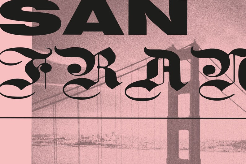 Puede incluir: Un dise&ntilde;o gr&aacute;fico en blanco y negro con el texto "SAN FRANCISCO" en letras negras y en negrita. El texto se superpone a una imagen rosa granulada del Puente Golden Gate.