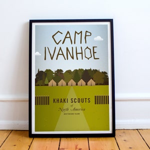 May include: A vintage-style poster for Camp Ivanhoe, a Khaki Scouts of North America camp located on New Penzance Island. The poster features a green field with a row of tents and a path leading to them, surrounded by trees. The text "Camp Ivanhoe" is written in a stylized font, with the words "Khaki Scouts of North America" and "New Penzance Island" below.