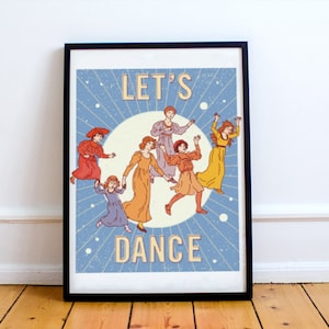 Op de afbeelding: Een blauwe en witte poster met de tekst "Let's Dance" en een groep mensen die in een cirkel dansen. De mensen dragen kleurrijke kleding en lachen.