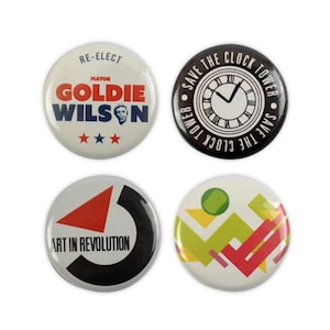 Back To The Future Badge Set! Michael J Fox 1980s Marty McFly Doc emmett brown, marty mcfly, film buttons