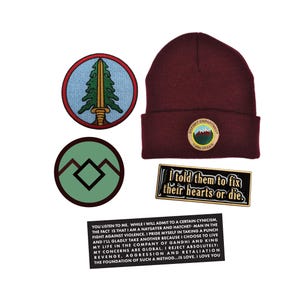 Twin Peaks inspired Gift Set!  Fix Their Hearts or Die Pin, Bookhouse Boys patch, Sheriff  Department Beanie, Owl Cave Sticker, David Lynch