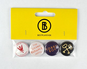 The Grand Budapest Hotel Buttons ! Wes Anderson Inspired. State of Zubrowka , Lobby Boy, Crossed Keys, badges