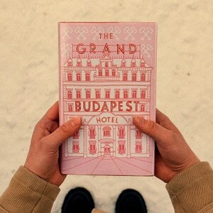 May include: A pink book with the title "The Grand Budapest Hotel" and a drawing of a building on the cover.