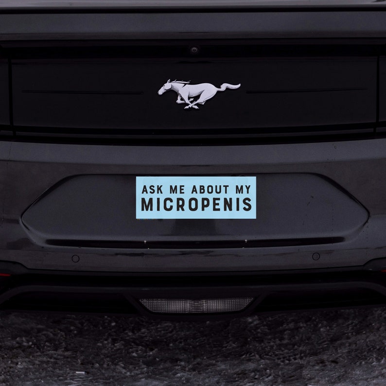 May include: A black car with a silver Mustang logo on the back. A blue bumper sticker with the text "ASK ME ABOUT MY MICROPENIS" is attached to the rear bumper.