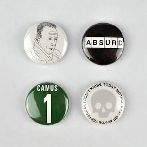 Albert Camus Badges, buttons, absurdism, the rebel, the stranger, fall, plague, existentialism, france, philosopher