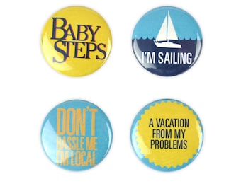 ¡Juego de botones "Qué tal Bob"! Pasos de bebé, Richard Dreyfuss. Bill Murray, insignias, pins, citas, ¡Estoy navegando!