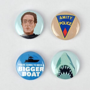 Jaws badges, buttons, Roy Scheider, Steven Spielberg, great white shark, amity police