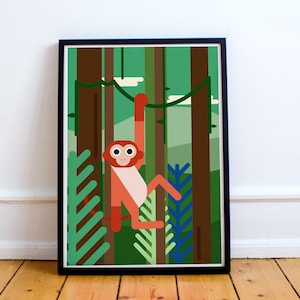 Estampa de macaco! minimalista, sala de jogos, berçário, quarto infantil, vida selvagem, natureza, mundo, selva, exploração