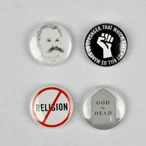 Friedrich Nietzsche Badges, buttons, philosopher, god is dead, Übermensch, existentialism, postmodernism,