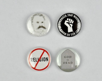 Friedrich Nietzsche Badges, buttons, philosopher, god is dead, Übermensch, existentialism, postmodernism,