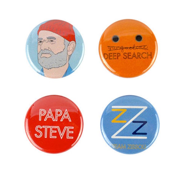 Steve Zissou  button Set! Wes Anderson, Life Aquatic, Bill Murray, badges, Jaguar shark, seu jorge