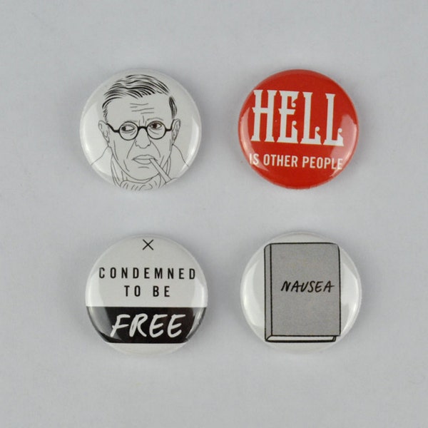 Jean-Paul Sartre Badge, existentialism, france, philosopher, Nausea, quotes, activist, The Age of Reason, button