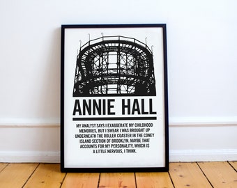Annie Hall filmposter, Woody Allen Diane Keaton Alvy Singer, Coney Island Thunderbolt, Joods, psychoanalyse, modernisme.