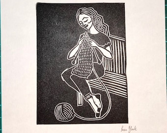 Knitting Woman Lino Print