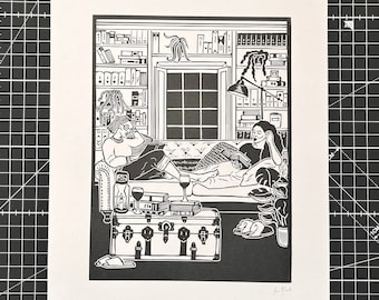 Sofa Friends Book Reader Lino Print