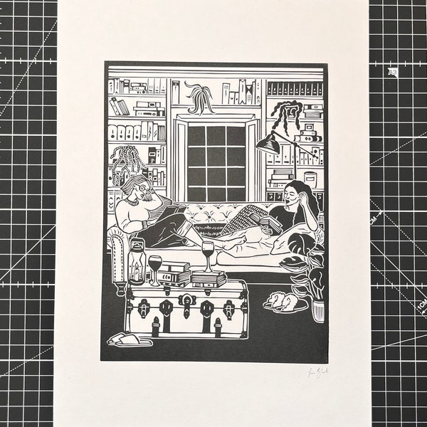 Sofa Friends Book Reader Lino Print