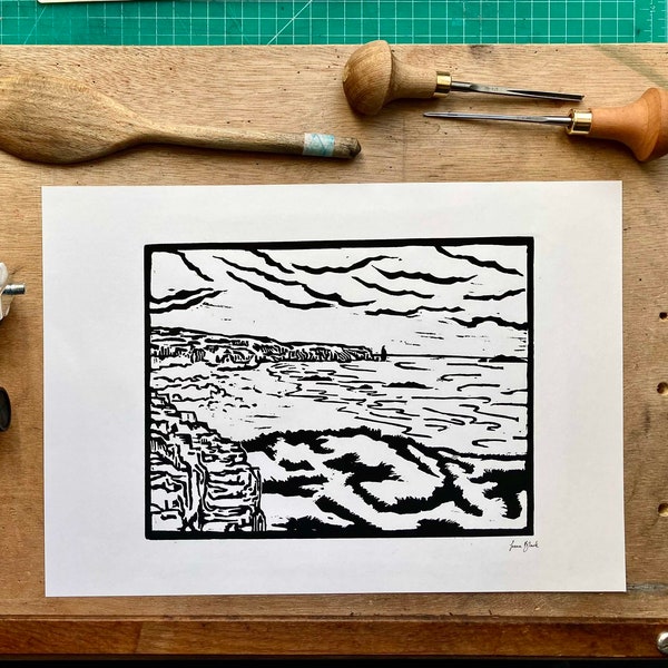 Sandwood Bay- Scottish Highlands and Islands landscape lino print (black and white)