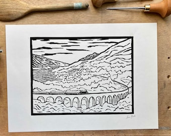 Glenfinnan Viaduct- Scottish Highlands and Islands landscape lino print (black and white)