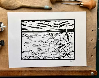 Butt of Ness- Scottish Highlands and Islands landscape lino print (black and white)