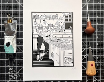 May include: Black and white illustration of a person in a kitchen making a pizza. The person is wearing a long-sleeved shirt and pants. The kitchen has a window, a counter, and a cabinet. There are various kitchen items on the counter, including a bowl, a rolling pin, and a pizza cutter.