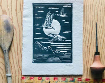 Geese at Night Lino Print