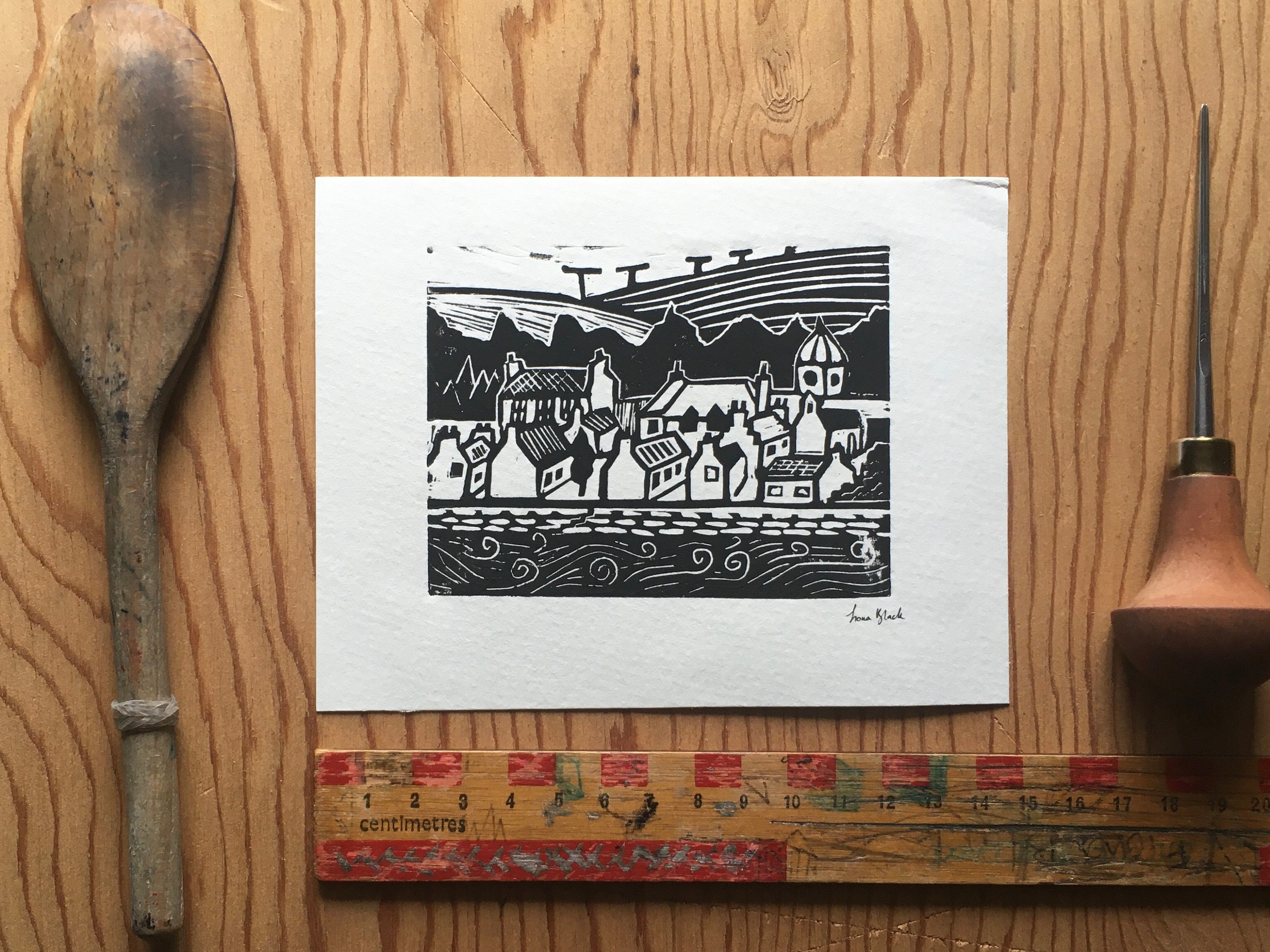 Scottish village Lino print