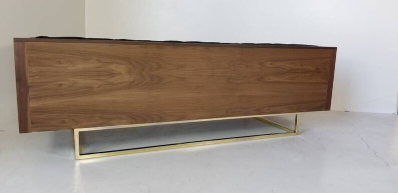 Mid Century Modern Tufted Milo Baughman Style Walnut Encased sofa with metal platform