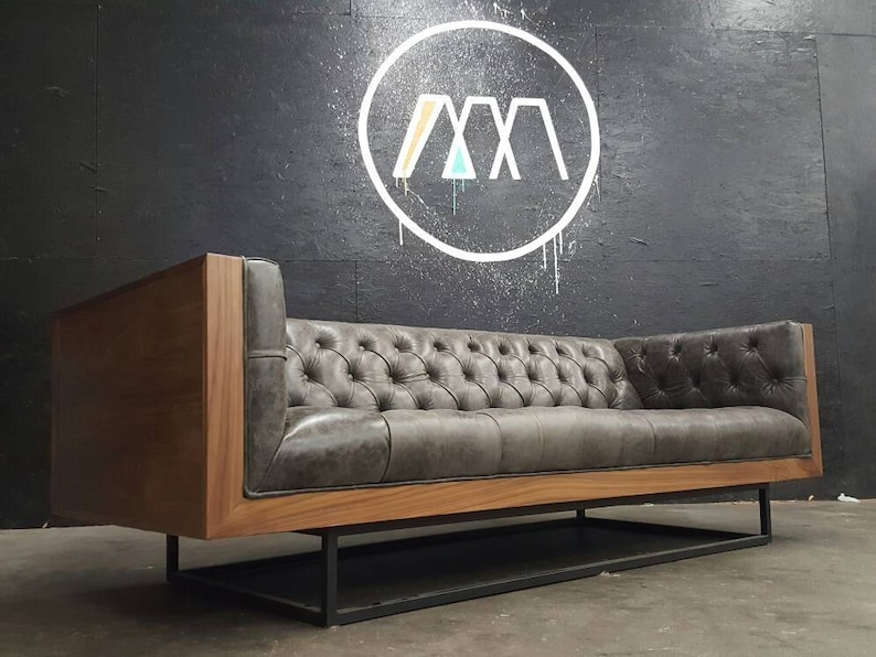 Mid Century Modern Tufted Milo Baughman Style Walnut Encased sofa with metal platform