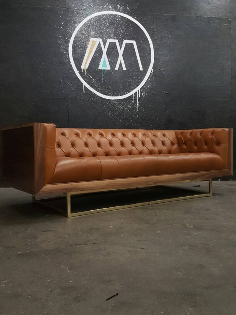 Mid Century Modern Tufted Milo Baughman Style Walnut Encased sofa with metal platform