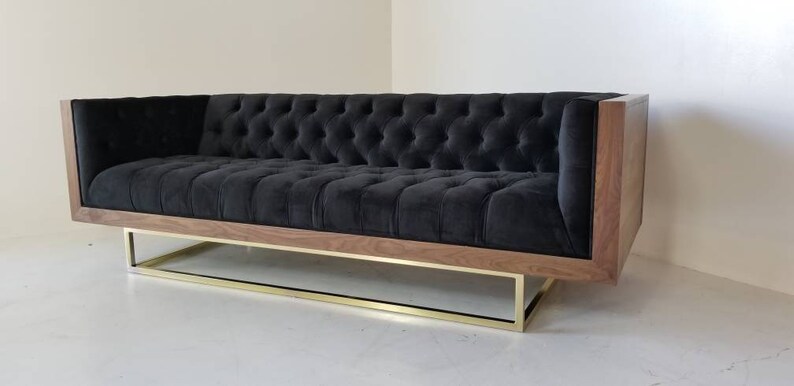 Mid Century Modern Tufted Milo Baughman Style Walnut Encased sofa with metal platform