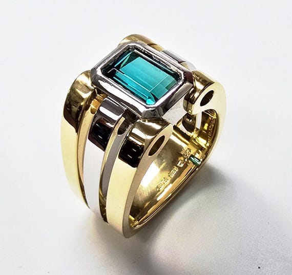 Stunning Emerald Cut Blue/Green Tourmaline Ring in Platinum and 18ky
