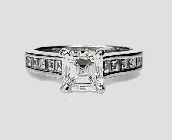 Gorgeous 1.20ct GIA E, VVS-1 Asscher Cut Diamond Platinum Engagement Ring set with 10 Asscher cut diamonds=0.50ctw