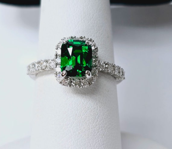 18k White Gold Cushion Cut 2.06ct Tsavorite Garnet Diamond "Halo" Ring