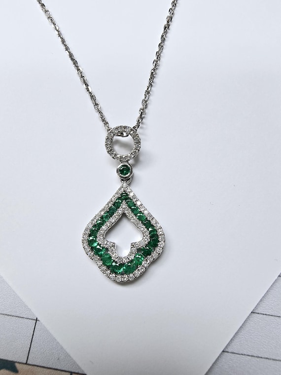 Platinum Emerald & Diamond Pendant w/14k White Gold Chain