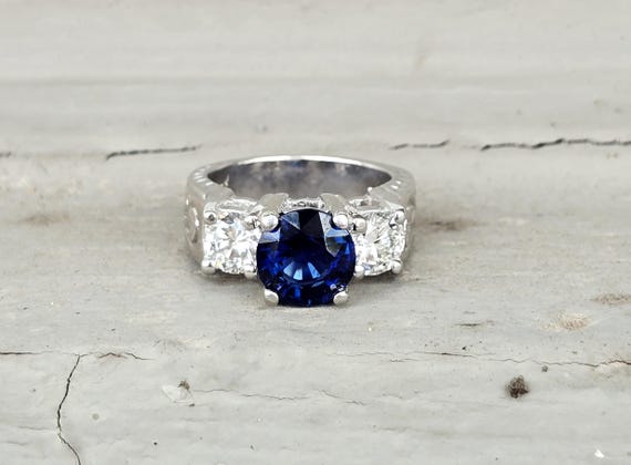 14k White Gold Round 3.25ct GIA Sapphire and Diamond 1.50 ctw Ring