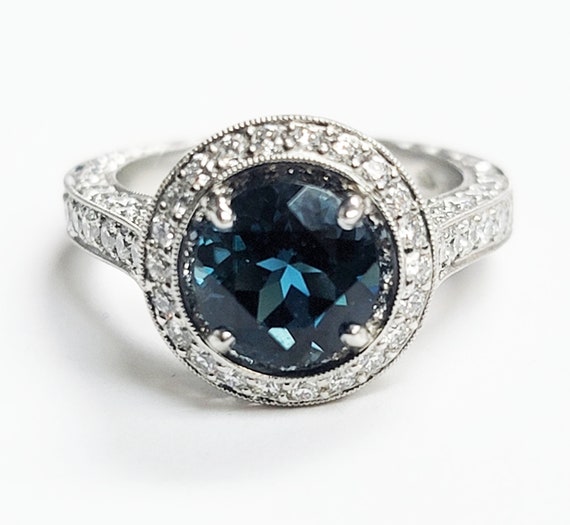 SALE!! Platinum "KELEGE" London Blue Topaz & Diamond Ring with 90 Diamonds=1.35