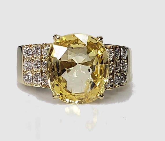 18ky Fancy 4.72ct Modified Brilliant Cut GIA Yellow Sapphire (Non Heat) and Diamond Ring