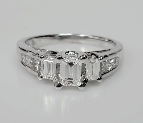 18k White Gold Three Stone Emerald and Princess Cut  (Natural) Diamond Ring with Free Shipping!