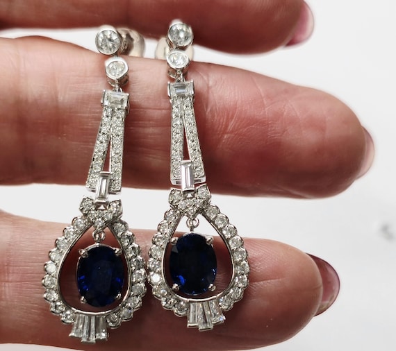 Platinum Blue Sapphire and Diamond Dangle Earrings
