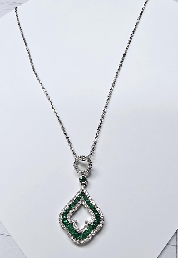 Platinum Emerald & Diamond Pendant w/14k White Gold Chain