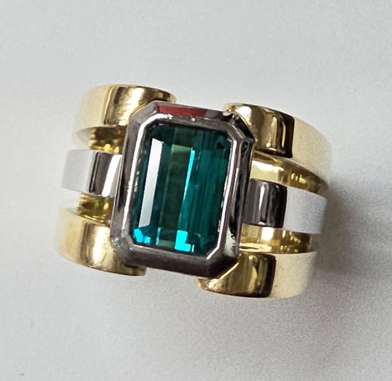 Stunning Emerald Cut Blue/Green Tourmaline Ring in Platinum and 18ky