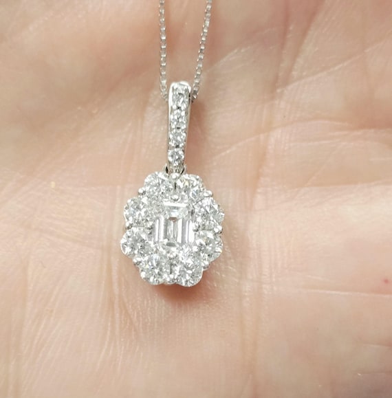 14kw Emerald Diamond Halo Pendant 0.80ctw with 20" chain
