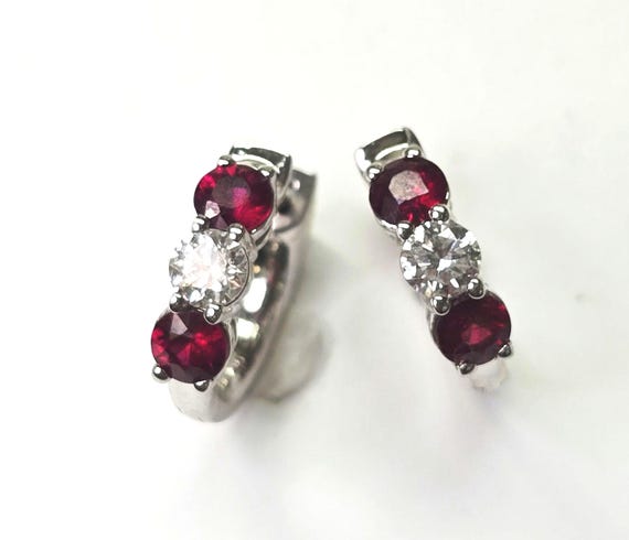 Beautiful 14kw Ruby & Diamond Mini Hoop Earrings