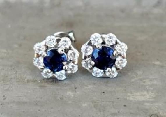 14Kwg Petite Sapphire & Diamond Halo Earrings