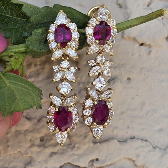 HIGH QUALITY Natural Ruby and Diamond Drop Earrings