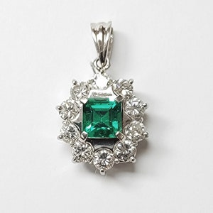 Platinum Emerald & Diamond Pendant: Square Step Cut, 0.41 Carats